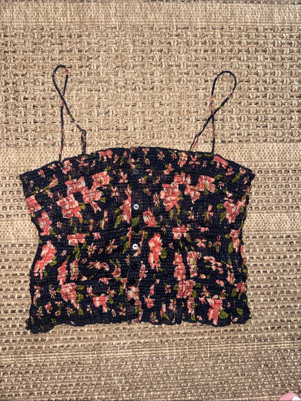 Free People Floral Smocked Cami Tank Top - Navy with Pink Flowers